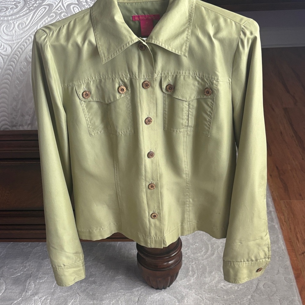 Olive Green Silk Button-Up Jacket